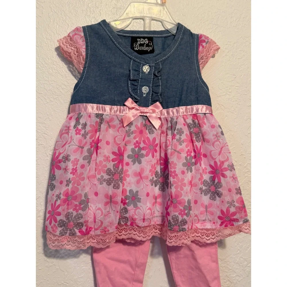 DDG‎ Darlings Baby Girls 18M Denim Floral Dress and Pink Leggings Outfit Set